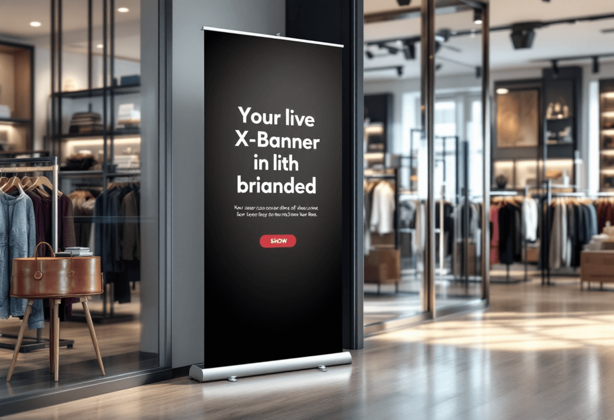totem X-Banner dans boutique affichant promotion