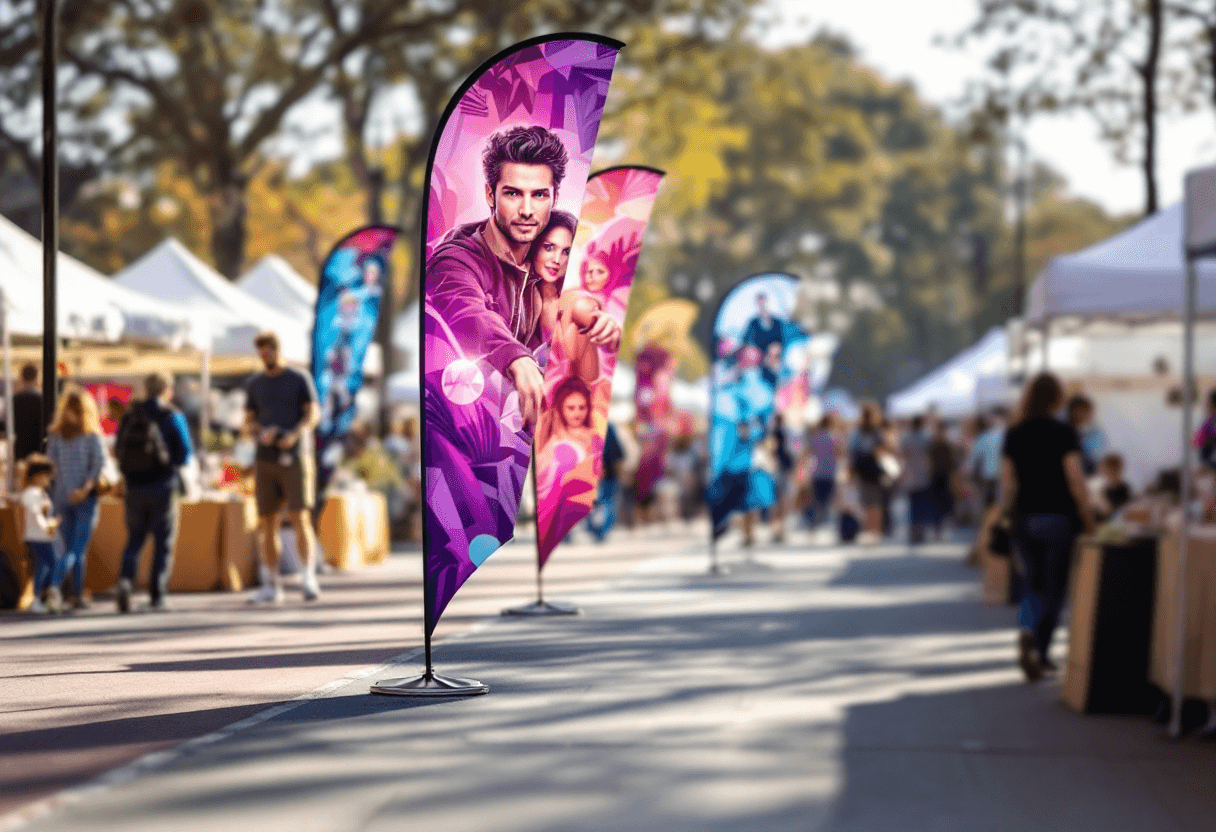 totems X-Banner personnalisés sur allée d’événement extérieur